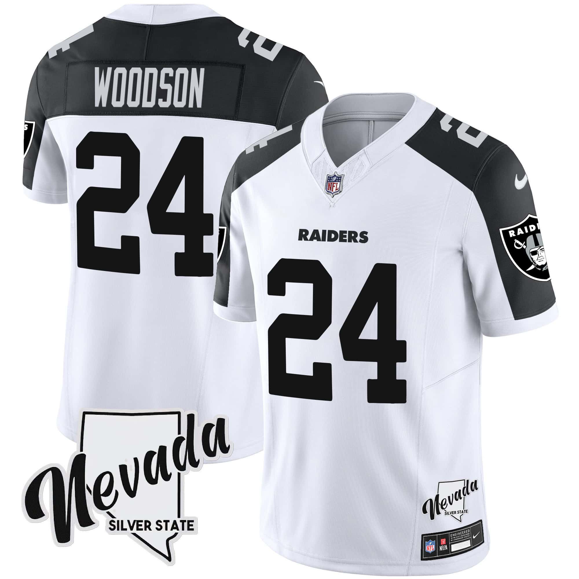 Men Oakland Raiders #24 Woodson White 2024 Nike Nevada Silver State Patch Vapor NFL Jersey style 1->indianapolis colts->NFL Jersey